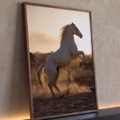 Cavalo branco empinado em contraluz, levantando poeira na areia ao pôr do sol, quadro decorativo