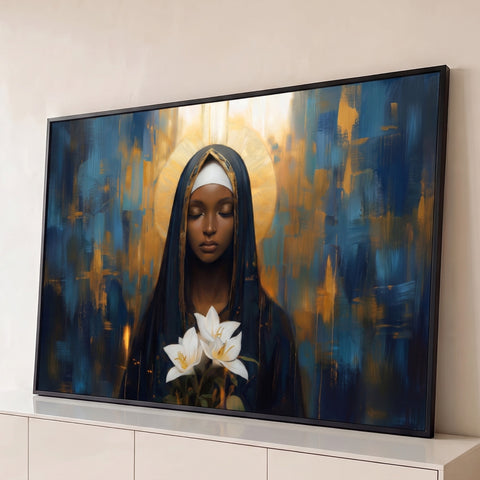 Nossa Senhora negra de olhos fechados, auréola dourada e lírios brancos em fundo azul, quadro decorativo