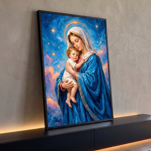 Nossa Senhora de manto azul abraçando o Menino Jesus sob céu estrelado em pintura a óleo, quadro decorativo