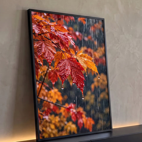 Folhas de bordo vermelhas e laranja com gotas de chuva em close, fundo de outono, quadro decorativo