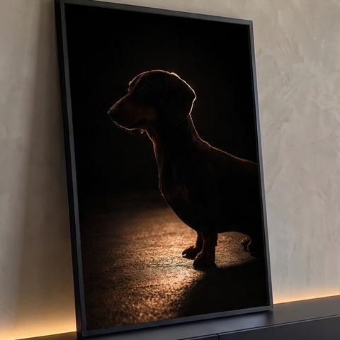 Silhueta de cachorro dachshund com contraluz dourada em fundo preto, fotografia pet, quadro decorativo