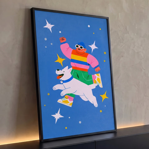 Ilustração de tutor de suéter colorido pulando com cachorro branco em céu azul estrelado, quadro decorativo