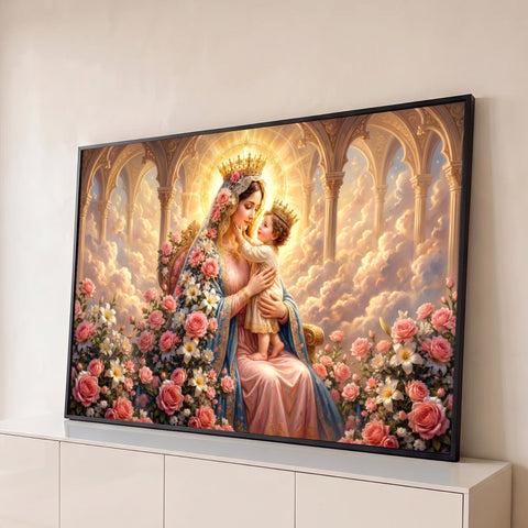 Nossa Senhora coroada com o Menino Jesus no colo, entre rosas e lírios sob luz dourada, quadro decorativo
