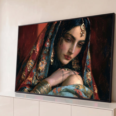 Mulher indiana de véu vermelho bordado, maang tikka e pulseiras douradas em pintura a óleo, quadro decorativo