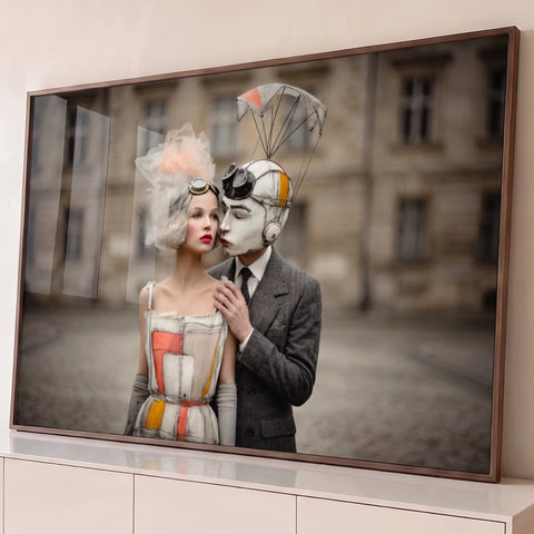Casal surreal vintage, mulher de batom vermelho e homem de máscara com paraquedas, quadro decorativo