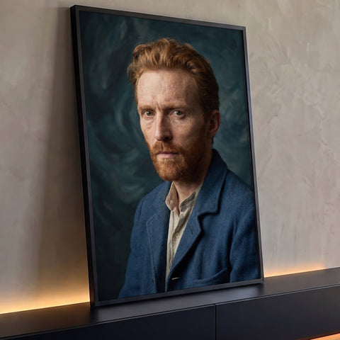 Quadro Decorativo Grande Retrato de Homem para Sala Azul | quadros decorativos para sala | retrato de homem ruivo de barba cheia com jaqueta azul e fundo espiralado escuro | Porao dos Quadros