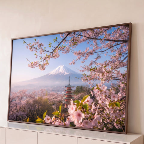Monte Fuji nevado com pagoda vermelha e galhos de cerejeira em flor rosa na primavera, quadro decorativo