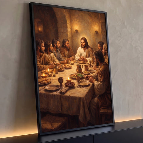 Jesus e os apóstolos à mesa com pães e velas em salão de pedra, pintura em tons marrons, quadro decorativo