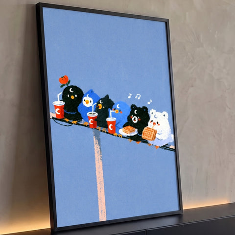 Passarinhos e ursinhos fofos num fio com refrigerante e waffle em fundo azul, quadro decorativo