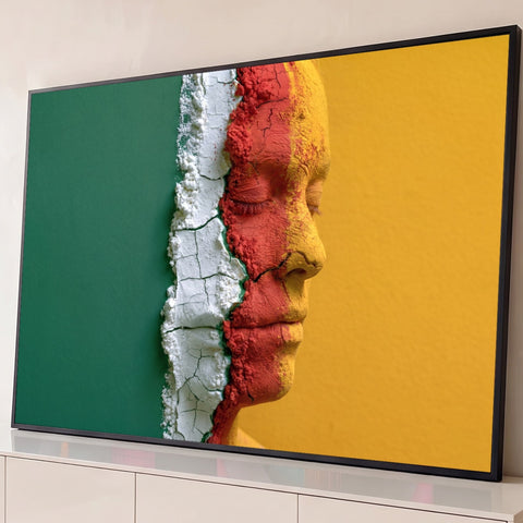Rosto de mulher de olhos fechados em pó branco, vermelho e amarelo rachado sobre verde, quadro decorativo