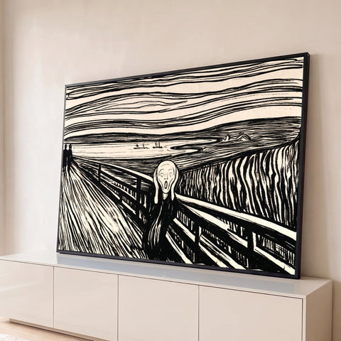 Litografia O Grito de Munch em preto e branco, figura na ponte sob céu ondulado, quadro decorativo