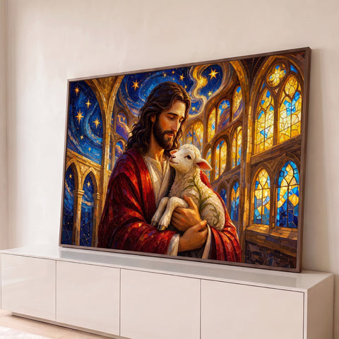 Jesus de manto vermelho abraçando cordeiro entre vitrais dourados e céu estrelado, quadro decorativo
