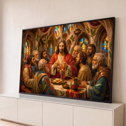 Jesus partindo o pão com os apóstolos em mosaico dourado e vitrais coloridos, quadro decorativo
