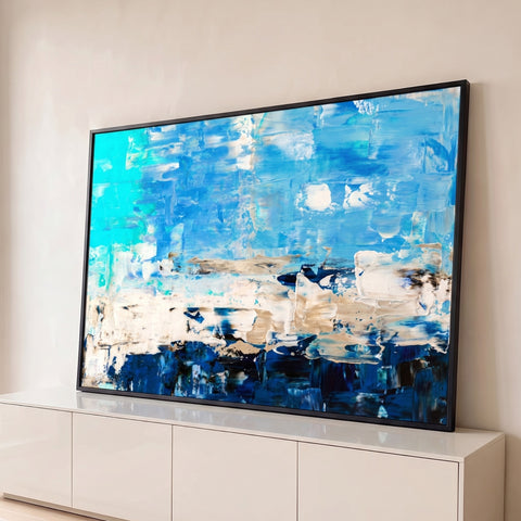 Pintura abstrata em espátula com camadas de azul turquesa, azul marinho e branco areia, quadro decorativo