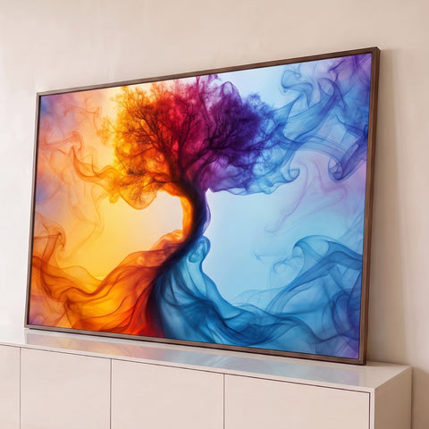 Árvore da vida feita de fumaça com degradê do laranja e amarelo ao roxo e azul, quadro decorativo
