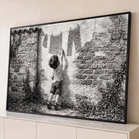 Desenho a lápis de menino alcançando sombras de roupas no varal em muro de pedra, quadro decorativo