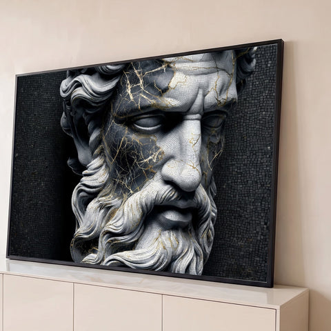 Busto de deus grego barbudo em mosaico com rachaduras douradas kintsugi e fundo preto, quadro decorativo