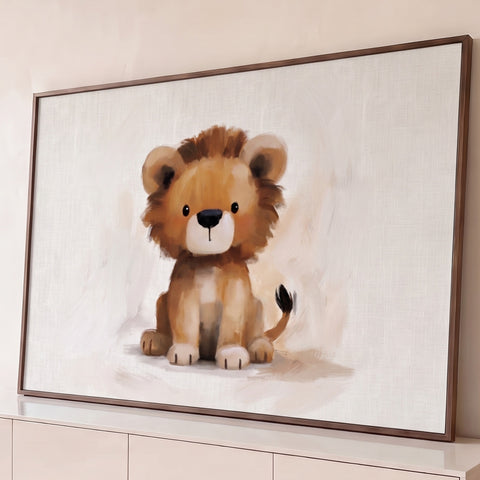 Filhote de leão fofo sentado em pinceladas suaves marrons sobre fundo bege claro, quadro decorativo