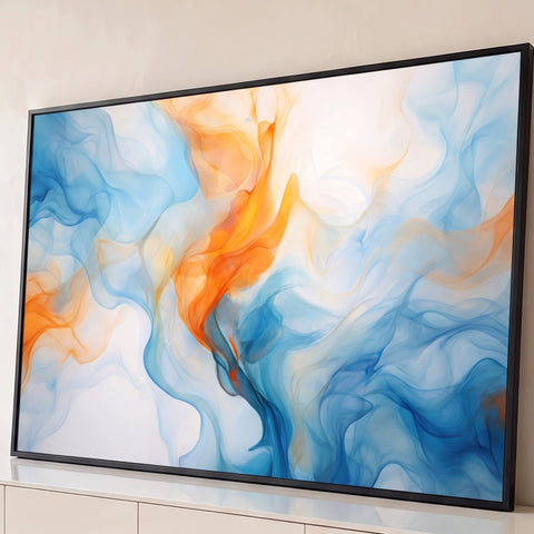 Abstrato de fumaça fluida azul com véu laranja em movimento sobre fundo branco, quadro decorativo