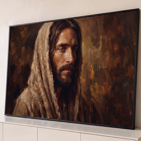 Retrato de Jesus Cristo com manto bege em pintura a óleo sobre fundo marrom, quadro decorativo
