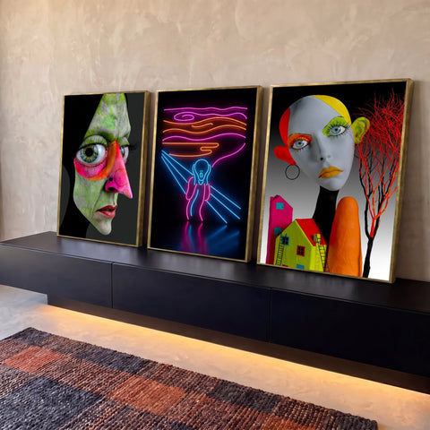 Quadro Decorativo Kit 3 Telas Rostos Surreais Neon para Sala | quadros decorativos para sala | rosto verde surreal, figura em neon gritando e cabeça pop art colorida em três painéis | Porao dos Quadros