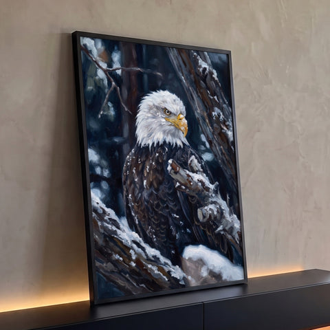 Águia-de-cabeça-branca pintada a óleo em galho coberto de neve, fundo escuro de floresta, quadro decorativo