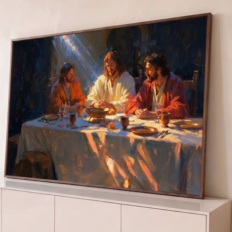 Jesus em oração à mesa com dois discípulos sob raio de luz, pintura a óleo da Santa Ceia, quadro decorativo