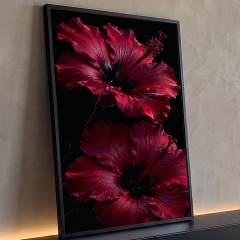 Dois hibiscos vermelho vinho com estames em destaque sobre fundo preto, quadro decorativo