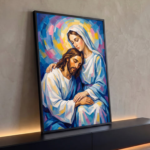 Nossa Senhora abraça Jesus em pintura de pinceladas azuis, rosas e amarelas, quadro decorativo