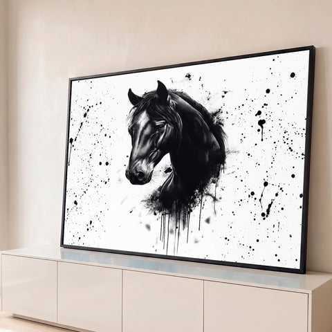 Cabeça de cavalo negro com crina e respingos de tinta escorrendo sobre fundo branco, quadro decorativo