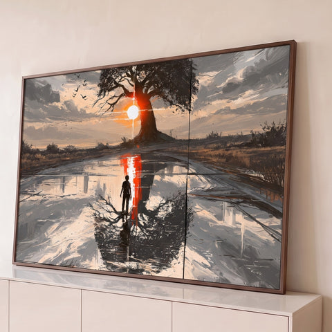 Árvore com sol poente, homem em silhueta e reflexo na água em tons cinza e laranja, quadro decorativo