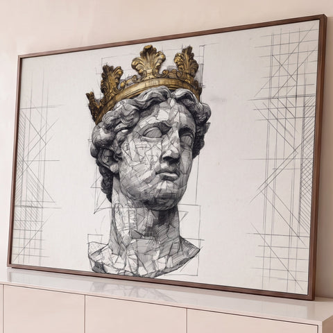 Busto clássico em traços de nanquim com coroa dourada e linhas geométricas, quadro decorativo