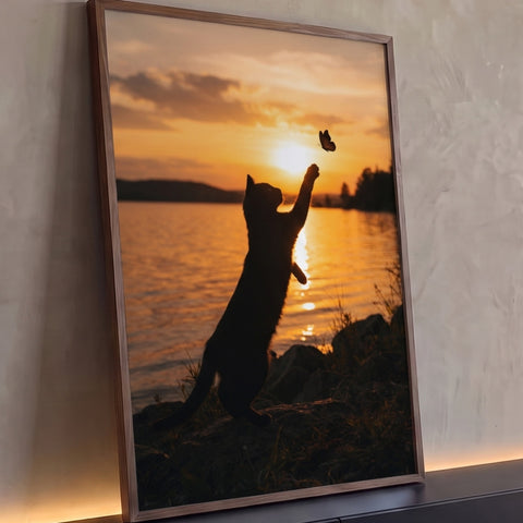 Silhueta de gato em pé tentando pegar borboleta no pôr do sol laranja sobre lago, quadro decorativo