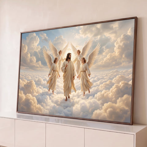 Jesus Cristo abençoando sobre nuvens brancas, cercado por quatro anjos de asas abertas, quadro decorativo