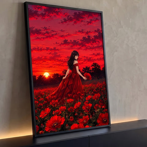 Mulher de vestido vermelho em campo de papoulas sob céu vermelho ao pôr do sol, quadro decorativo