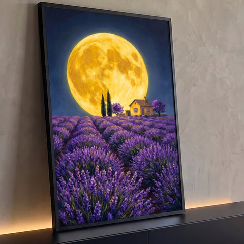 Campo de lavanda roxo com casa amarela, ciprestes e grande lua cheia dourada no céu noturno, quadro decorativo