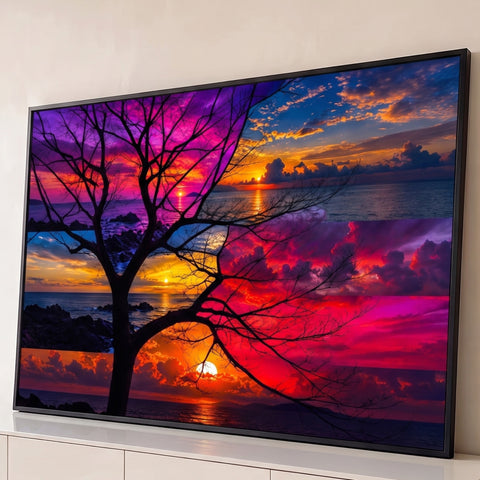 Árvore seca em silhueta sobre colagem de pores do sol roxos e vermelhos no mar, quadro decorativo