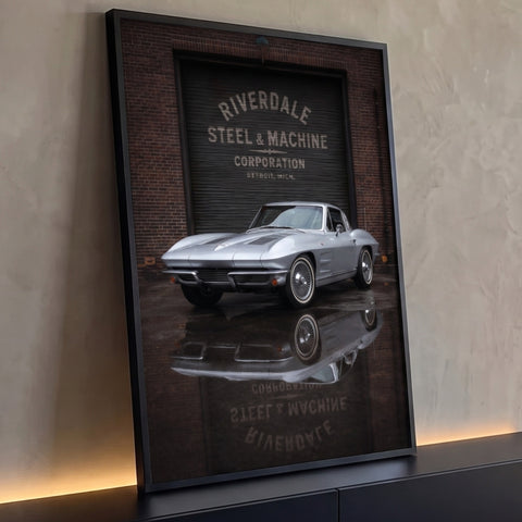 Corvette clássico prata diante de portão de garagem em tijolo, refletido no chão molhado, quadro decorativo