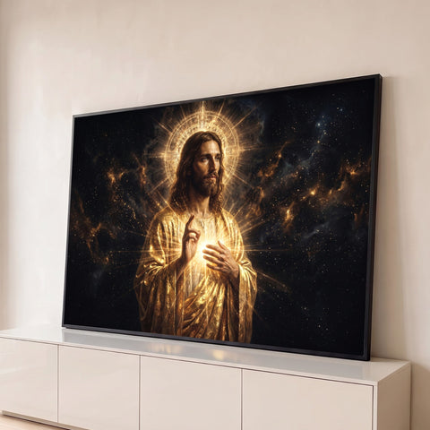 Jesus Cristo em manto dourado com auréola radiante e luz no peito sobre universo estrelado, quadro decorativo