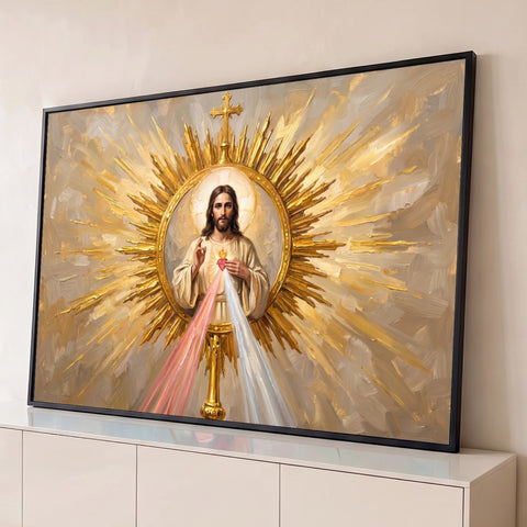 Jesus Misericordioso em ostensório dourado com raios de luz rosa e branca em pintura a óleo, quadro decorativo