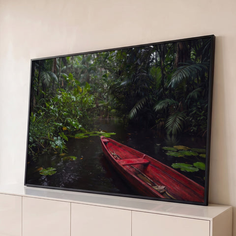 Canoa vermelha num rio escuro entre palmeiras e vitórias-régias da floresta amazônica, quadro decorativo
