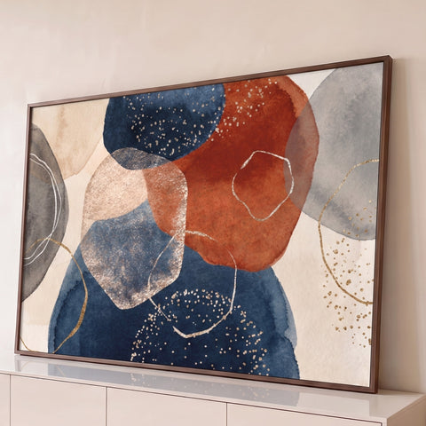 Formas orgânicas em aquarela azul marinho, terracota e bege com linhas e pontos dourados, quadro decorativo