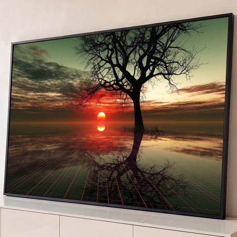 Árvore seca em silhueta, sol vermelho refletido na água e grade digital sob céu verde, quadro decorativo