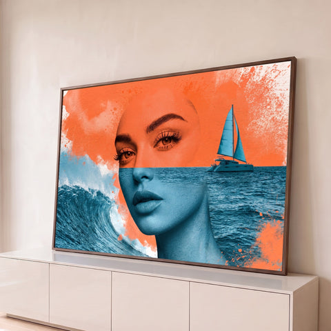 Rosto de mulher dividido em laranja e azul fundido ao mar com onda e catamarã, quadro decorativo