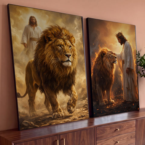 Quadro Decorativo Kit 2 Telas Leão Coroado para Sala Dourado | quadros decorativos para sala | leão coroado e figura de Jesus em cenário dourado e chamas | Porao dos Quadros