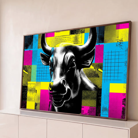 Cabeça do Touro de Wall Street preto com retícula sobre fundo pop art amarelo, magenta e ciano, quadro decorativo