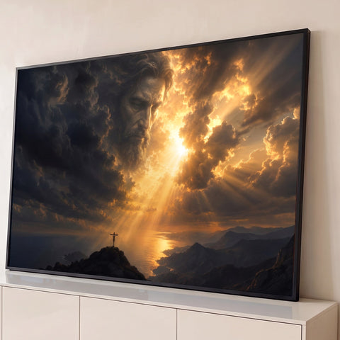 Rosto de Jesus formado nas nuvens com raios de sol dourados e cruz no topo do monte, quadro decorativo