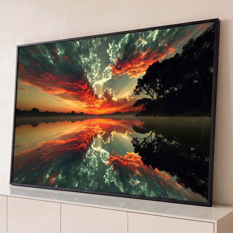 Pôr do sol com nuvens vermelhas e raios de luz refletidos em lago com árvores em silhueta, quadro decorativo
