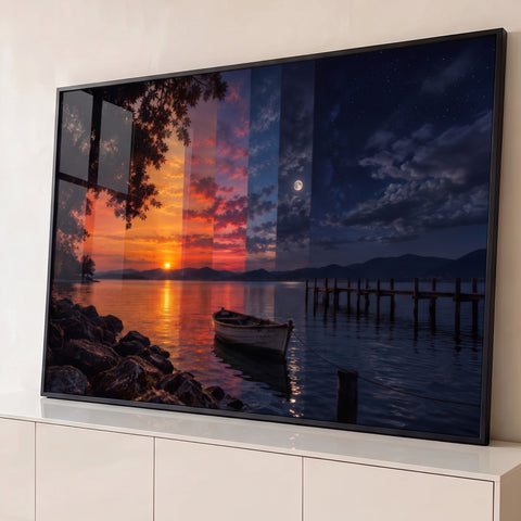 Lago com barco e píer na transição do pôr do sol laranja à noite estrelada com lua cheia, quadro decorativo