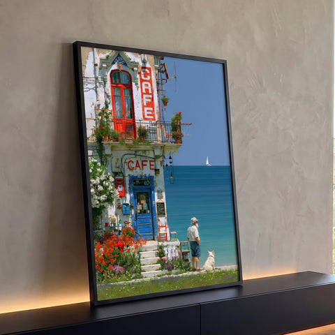 Café antigo à beira-mar com portas coloridas, senhor e cachorro branco olhando o veleiro, quadro decorativo
